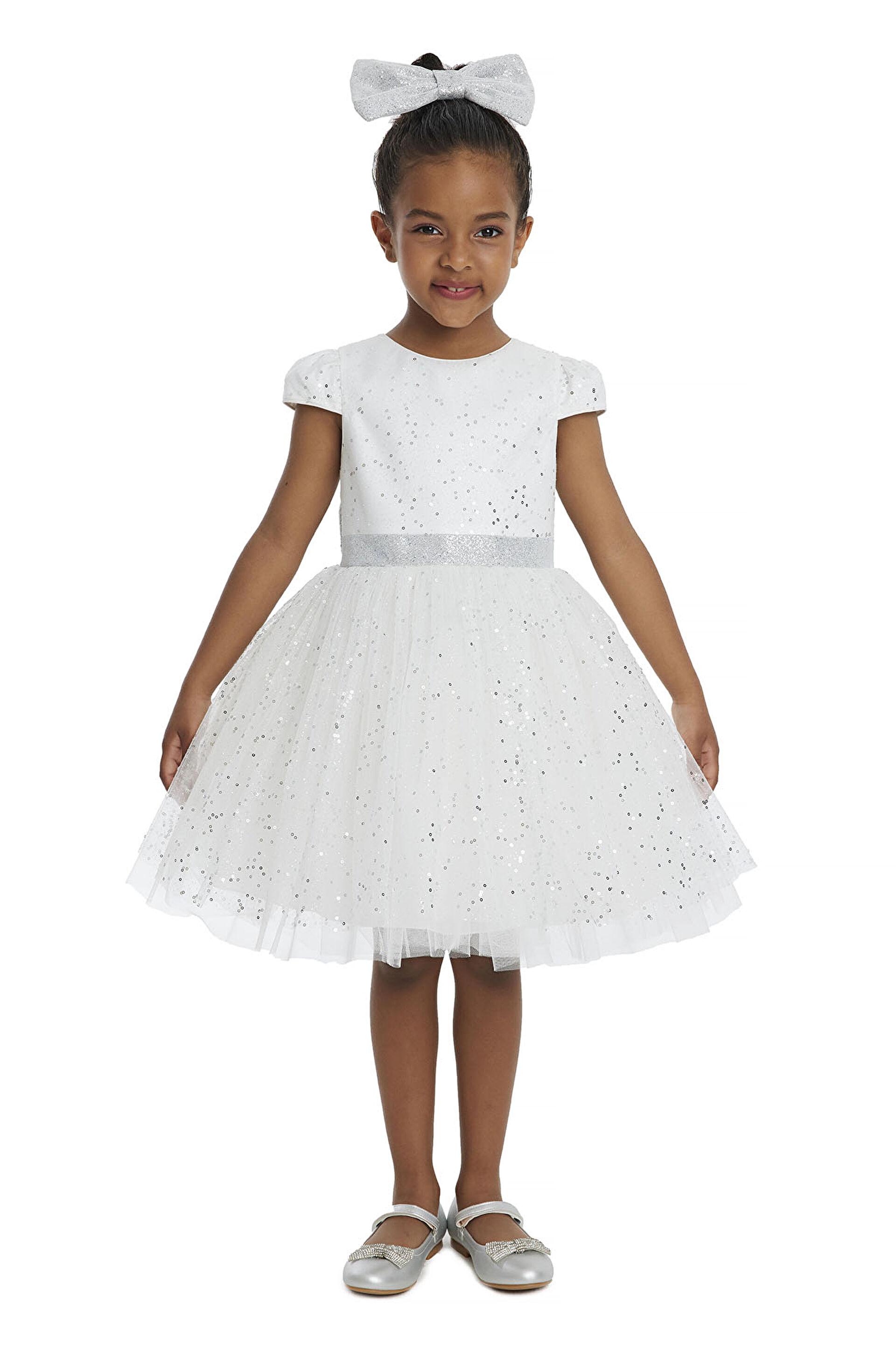 34001 PR  3 7 AGE Ecru Girls Glittery Tulle Dress