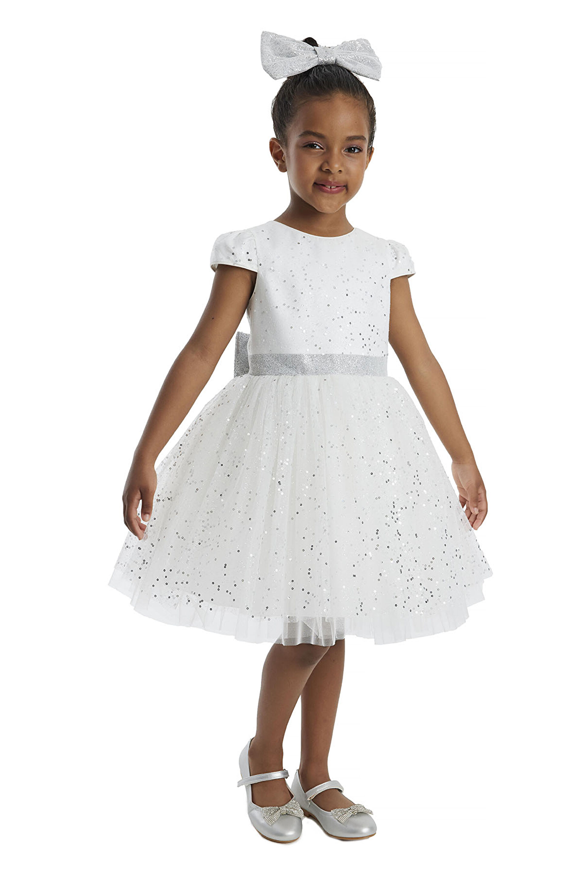 34001 PR  3 7 AGE Ecru Girls Glittery Tulle Dress
